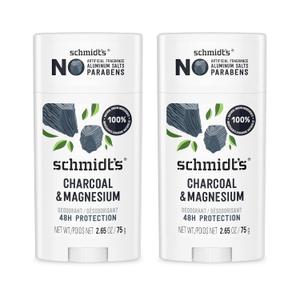 Schmidt's Aluminum-Free Vegan Deodorant Charcoal & Magnesium with 48 Hour Odor Protection, 2 Count for Women and Men, Natural Ingredients, Cruelty-Free, 2.65 oz, Pack of 2