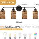 Bathroom Vanity Light, 4-Lights Boho Bathroom Light Fixtures Over Mirror with Rustic Handwoven Shades 30 inch Farmhouse Wall Sconce Lighting, 30.3 inch