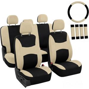 Automotive Seat Covers Beige Black Universal Fit Seat Cover Combo Set with Steering Wheel Cover and Seat Belt Pad (Airbag Compatible and Split Bench)