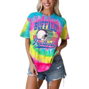 IZYJOY Football Shirt for Women Tie Dye Football Team Fans T-Shirt Vintage Game Day Tee Sports Short Sleeve Top (Small, Pink Yellow-100)