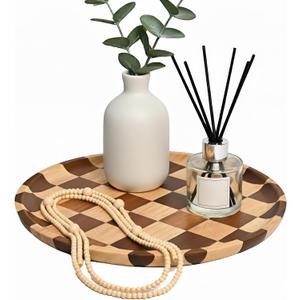 MSJGA 11 Inches Round Wooden Serving Trays Decorative Candle Plate Holder with Unique Checkered Design for Home Decor, Coffee Table, Dining Table, Kitchen Island