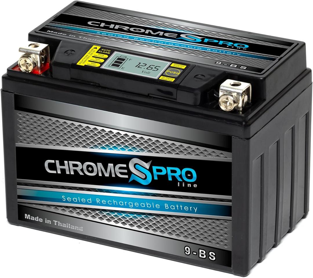 Chrome S Pro iGel YTX9-BS Battery  120 CCA, Gel Electrolyte, LCD Display, 12V 9Ah  Fits ATV, Motorcycle, Scooter, Jet Ski, Dirt Bike, UTV, Snowmobile & More  T3 Nut & Bolt Terminal
