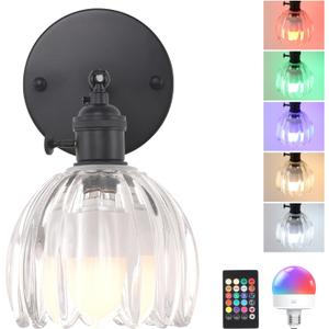Vintage Battery Operated Wall Sconce with Transparent Tulip Glass Lampshade Wireless Rechargeable Battery Powered Black Wall Light with Remote Control for Bedside Bedroom Doorway (Battery Operated (1 pack), Tulip Clear-Black Base)