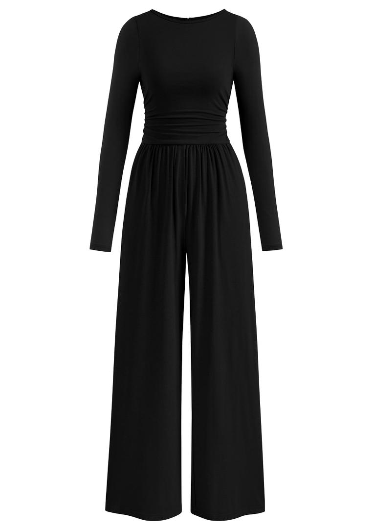 PRETTYGARDEN One Piece Jumpsuits for Women Dressy Casual Long Sleeve Crewneck Wide Leg Romper Overalls Fall Outfits 2026, M