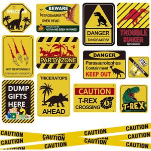 13 pcs Dinosaur Birthday Party Supplies, Party Decorations for Boys Kid Birthday Baby Shower, 11.8 inch Theme Wall Decor Signs With Yellow Caution Tape