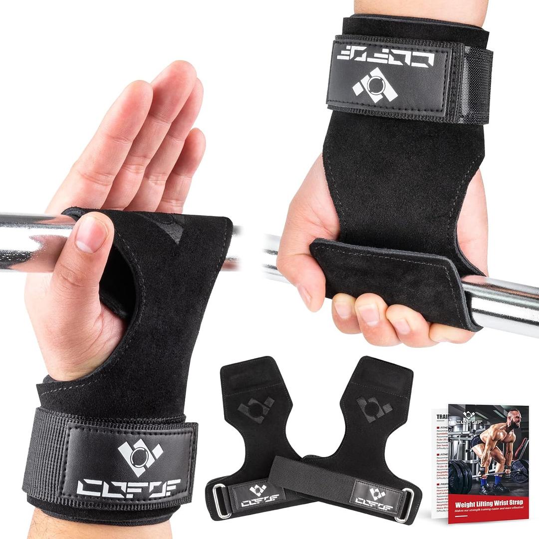 COFOF Weight Lifting Wrist Strap, Double Layer Leather Wrist Strap for Deadlift and Powerlifting, Adjustable Neoprene Padded Gym Workout Lifting Hooks (Pair), One Size