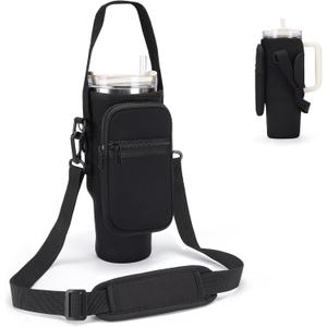 Water Bottle Carrier Bag for Stanley 40/30 oz Tumbler with Phone Pocket Neoprene Water Bottle Holder with Shoulder & Handheld Strap Stanley Cup Accessories (Black)