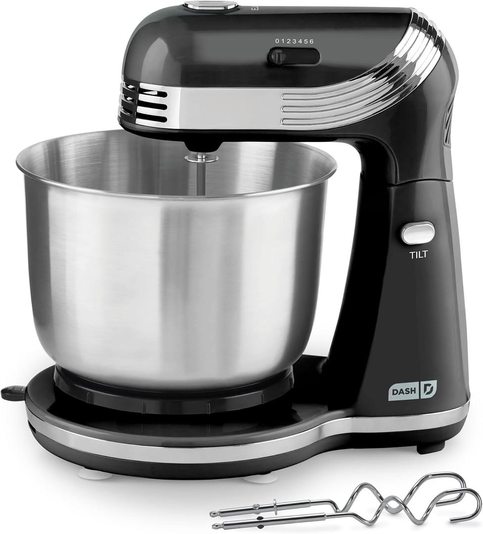 Dash Everyday Stand Mixer - Compact Tilt-Head Stand Mixer for Everyday Recipes - 6-Speed Power with Stainless Steel Bowl - Black, 3-Quart