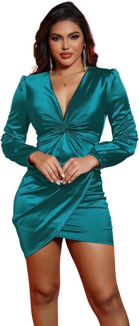 FairyLove Women's Elegant Empire Waist Long Sleeve Wedding Guest Party Cocktail Bodycon Irregular Satin Dresses (16 Green)
