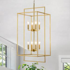 15.7" W x 33" H Lantern Chandelier for High Ceiling, 8-Light Matte Gold Foyer Light Fixture, Double Tiered Entryway Chandelier, Modern Farmhouse Hallway & Staircase Lighting