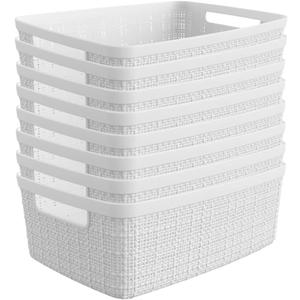 Curver Set of 8 Small 4.5L Jute Decorative Plastic Organization and Storage Baskets - Perfect Bins for Home Office, Closet Shelves, Kitchen Pantry and All Bedroom Essentials, White