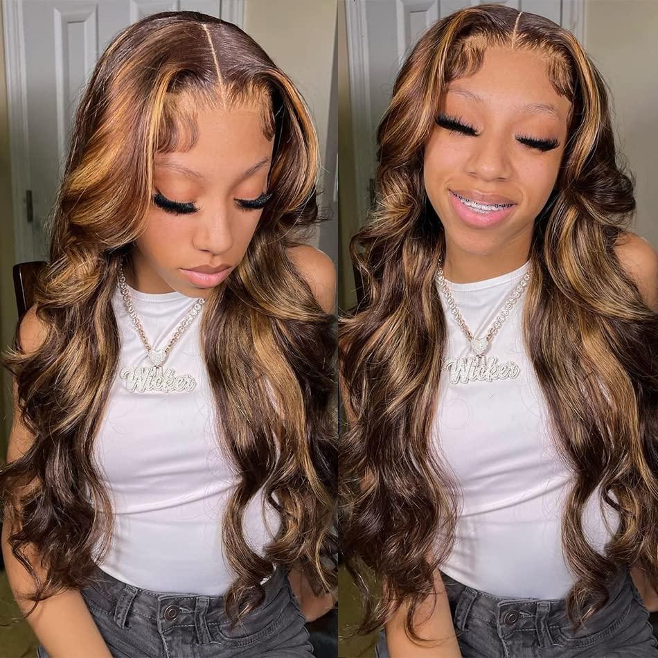 Body Wave Highlight Lace Front Wigs for Black Women 13X4X1 HD Transparent Lace Front Wigs with Pre Plucked Natrural Hairline and Baby Hair for Women (Brown Mix Blonde) (26 Inch)