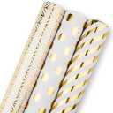 Flyhill Gold Birthday Wrapping Paper Roll - Mini Roll, 3 Rolls-Metallic Gold Foil Gift Wrap with Polka Dots, Stripes, Geometry Design for Birthday, Baby Shower, Wedding-17 inch x 120 inch Per roll
