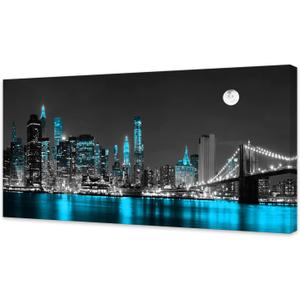 Jiuqinghua Wall Art Decor Canvas Print Picture 1 Panel Black White and Blue New York Brooklyn Bridge Cityscape Night Building Painting for Kitchen Office Home Decor Framed Ready to Hang 30x60inch