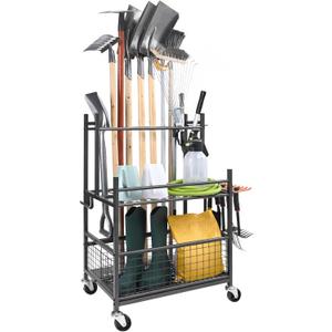 VEVOR Garden Tool Organizer, 16 Slots with Hooks, Yard Tool Tower Rack with Wheels for Garage Organization and Storage, Hold Long-Handled Tool/Rake/Broom, Metal Tool Stand Holder for Shed, Outdoor