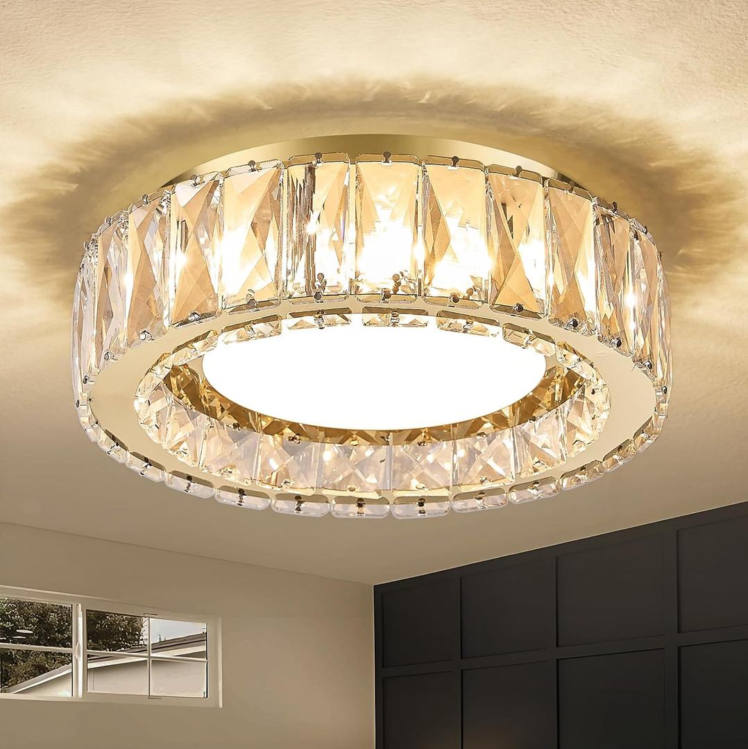 Suenigle Dimmable Modern Luxury Crystal LED Flush Mount Ceiling Light, 11 Inch 24W/ 5CCT 3000K-6000K Gold Close to Ceiling Light Fixture r for Kitchen, Entryway, Laundry Room, Porch