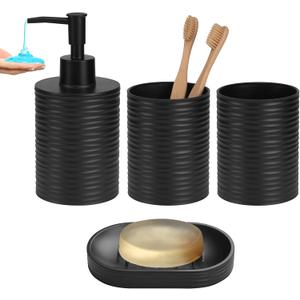 Plastic Bathroom Accessories Set 4Pcs, Black Bathroom Accessory Set Includes Liquid Soap Dispenser with Rust-Proof Plastic Pump, 2Pcs Bathroom Cup, Soap Dish for Modern Home Apartment