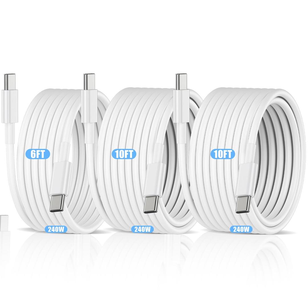 USB C to USB C Cable 3 Pack, 240W PD 3.1 Type C Charger Cord, 6.6FT+10FT+10FT, Compatible with iPhone 17/16/15, Samsung Galaxy S26/S25/S24, MacBook Pro/Air, iPad, White(Compatible 140W-20W)