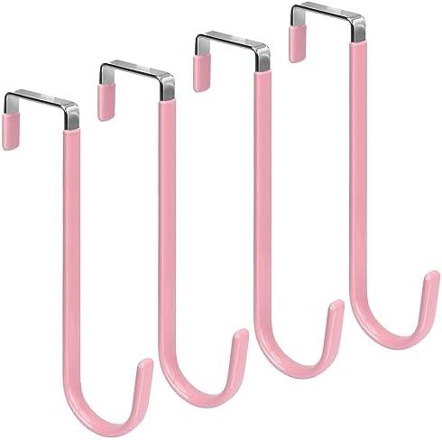 FYY Over The Door Hooks, 4 Pack Upgraded Long Door Hangers Hooks with Rubber Prevent Scratches Heavy Duty Organizer Hooks for Hanging Clothes, Towels, Hats, Coats, Bags Pink