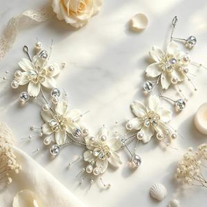 4Pcs Bridal Flower Hair Vine, Handmade Silver Wire Floral Headband with Crystal & Pearl, Wedding Hair Accessories for Bride Bridesmaid Prom Party Hairstyle