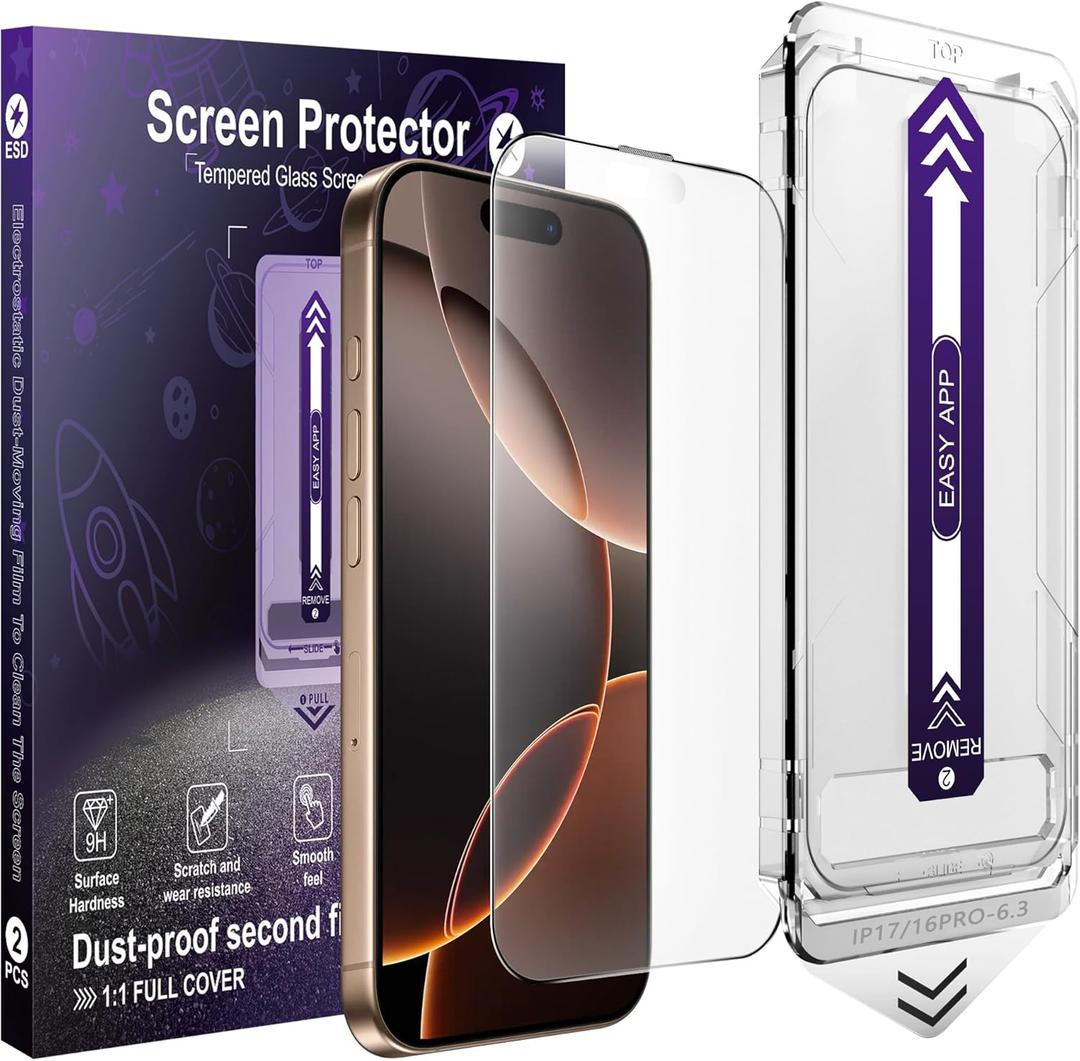 [2-Pack Matte Screen Protector for iPhone 16 Pro / 17, AG Anti-Glare Tempered Glass, Anti-Fingerprint Scratch Resistant, Auto Alignment Installation Frame, Case-Friendly