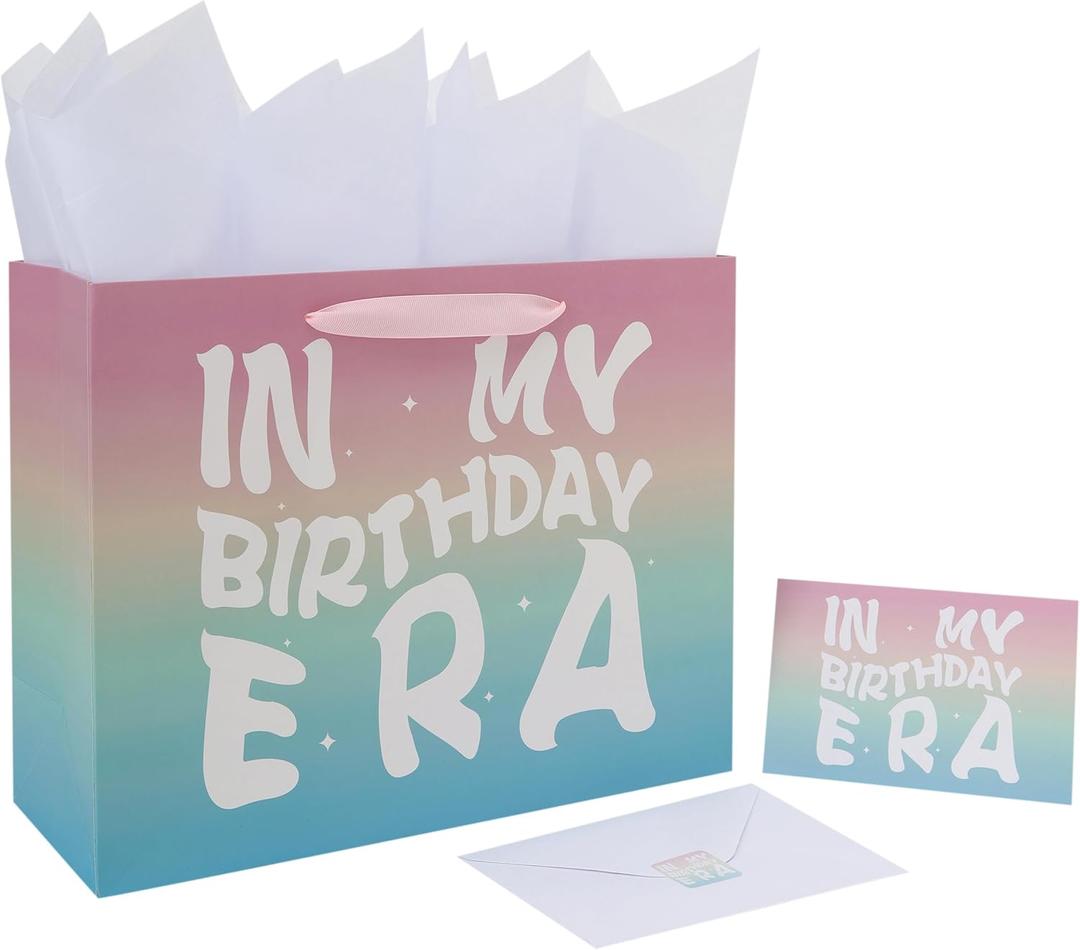 5 x wishinside 13 Large Rainbow Happy Birthday Gift Bag Set with Handles, Greeting Card, Tissue Papers and Stickers for Girls Women Kids Teens, In My Birthday Era Design, 1 Pcs