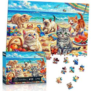 Puzzles for Kids Ages 6-8 8-10, 200 Piece Jigsaw Puzzles for Kids and Adults - Beach Kitten, Learning Educational Puzzles Toys for Boys and Girls