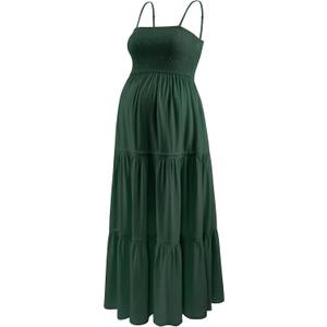 Maternity Casual Summer Maxi Dress with Removed Strap, Stapless Bohemian Beach Long Photoshoot/Baby Shower Dresses (Green, XL)