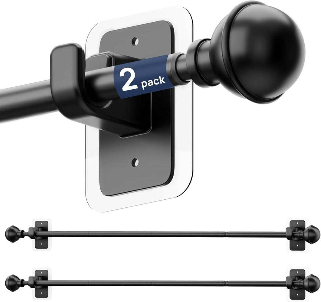 ENJOYBASICS 2 Pack No Drill Curtain Rods for Window 28 to 60 Inches, 5/8 Inch Diameter Renter Friendly Drapery Rod with Adhesive Brackets without Drilling, Adjustable from 27 to 65 Inches, Black