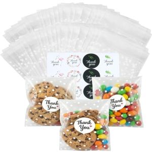 4 x COMELY Cookie Bags with Seal: Self Adhesive Cellophane Bags with Stickers, 4x4 Food Grade Bakery Supplies, 200 Pack Dessert Packaging, Airtight Moisture Protection for Snacks, 1 Sec Fast Packing