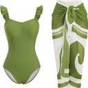 IDOPIP Women's One Piece Swimsuit with Beach Cover up Wrap Skirt Sarong Retro Floral Print Bikini Set Two Piece Bathing Suits (Medium, Green Print 2pcs)