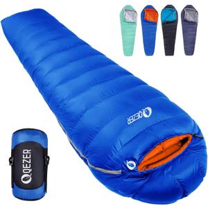 QEZER Down Sleeping Bag for Adults 0 Degree with 620 Fill Power Down Ultralight Mummy Backpacking Sleeping Bag