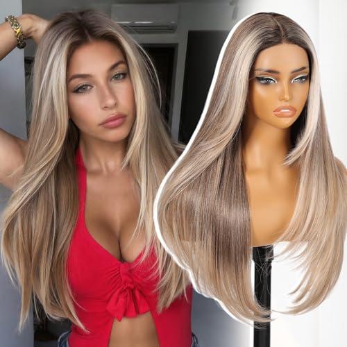Dofami KOME Ash Blonde Synthetic Lace Front Wig,T Part Pre Cut Glueless Long Straight Layered Wigs for Women Cosplay Daily Use 26IN(#TT4/6164)