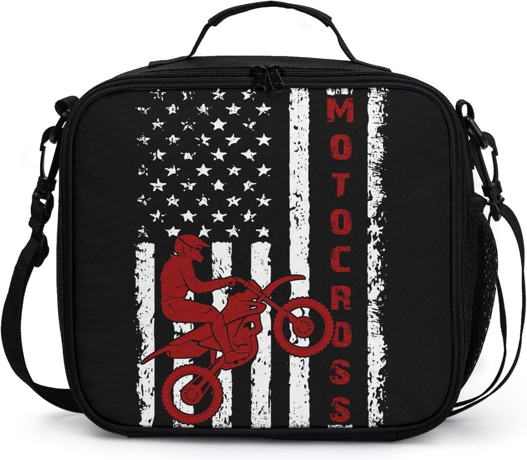 Dirt Bike American Flag Insulated Lunch Bags for Women/Men Motocross Lunch Box for Boys Girls Kids Reusable Portable Lunch Box Motocross Sports Lunch Box Tote Bag for School Picnic Travel (10.5x9.5x4 inch, Motorcycle)