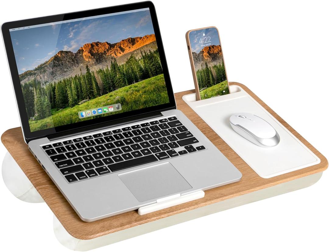 LAPGEAR Home Office Lap Desk with Device Ledge, Mouse Pad, and Phone Holder - White Oak Woodgrain - Fits up to 15.6 Inch Laptops - Style No. 91579