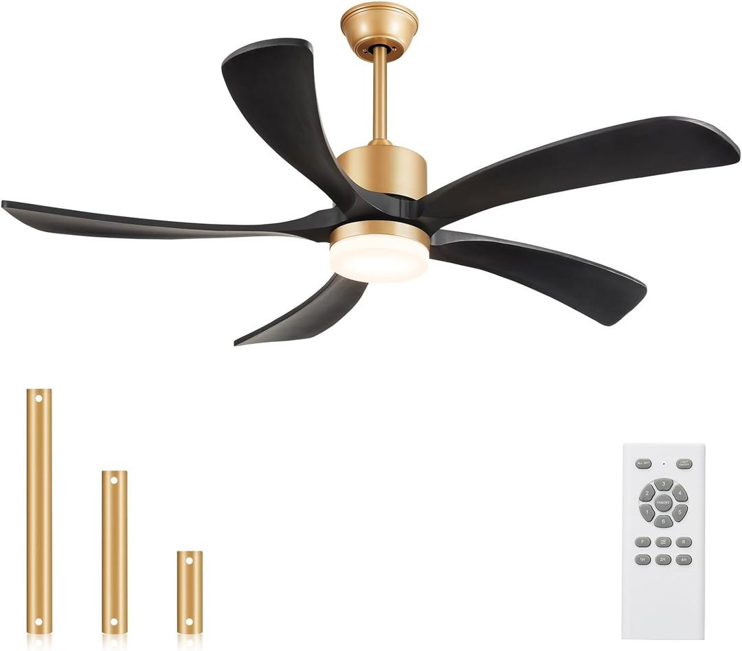 54" Black and Gold Ceiling Fan with Lights and Remote, USA Original Patent Modern Ceiling Fans, ETL Listed, 5 Wood Blades, 3 Downrods, 6 Speeds Reversible DC Motor, Gold Black Fans for Patio Bedroom