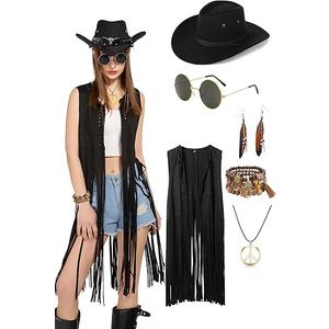 6 PC Cowgirl Western Outfits for Women Retro Cowgirl Costumes Fringe Vest Cow Girl Hat for Women Country 70s Hippie Outits, Size S