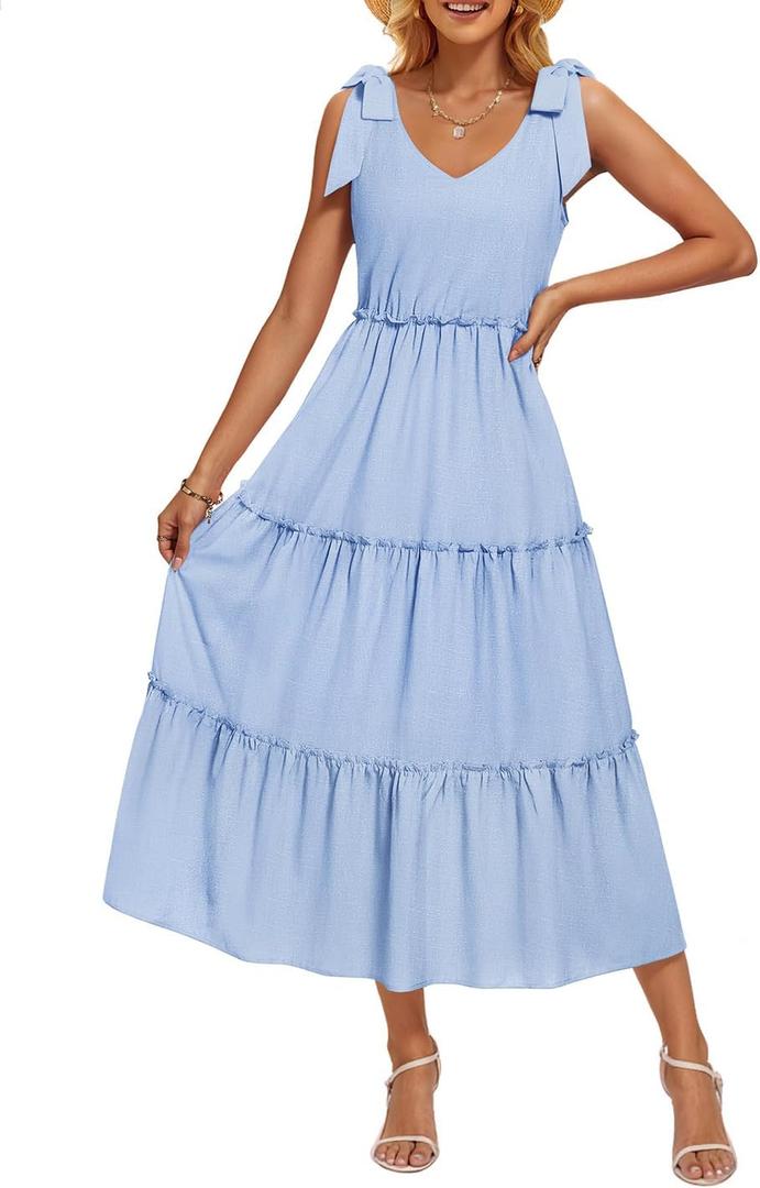 ZESICA Women's 2025 Summer Boho Casual V Neck Sleeveless Midi Dresses Tie Shoulder Flowy Tiered A Line Beach Long Sundress (Blue), Large