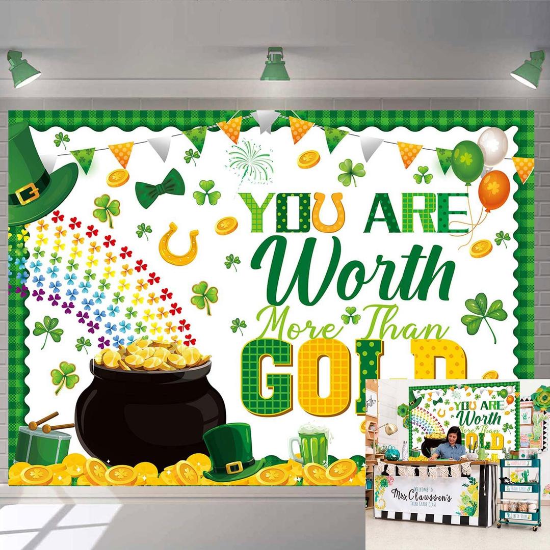 St. Patrick's Day Backdrop You are Worth More Than Gold Photography Background Rainbow Shamrock Lucky Clover Banner Happy St Patricks Day Party Decorations Photo Booth Props (8x6FT)