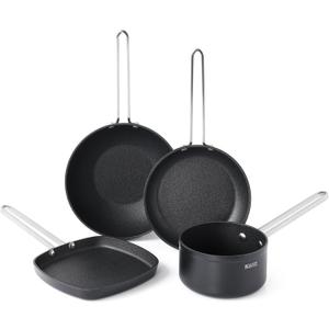 THE ROCK Single Serve Nonstick Pots and Pans Set, 4pc Portion Control Cookware Set with Rock.Tec, Scratch/Stain/Crack Proof, Oven & Dishwasher Safe, Perfect for Dorm, Camping & Small Kitchens, Black