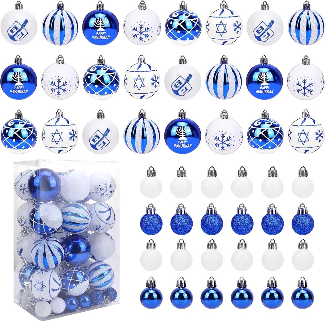 48PCS Royal Blue & Silver Christmas Ball Ornaments for Jewish Hanukkah Decorations 10 Styles Xmas Baubles Ornaments Christmas Tree Hanging Ball