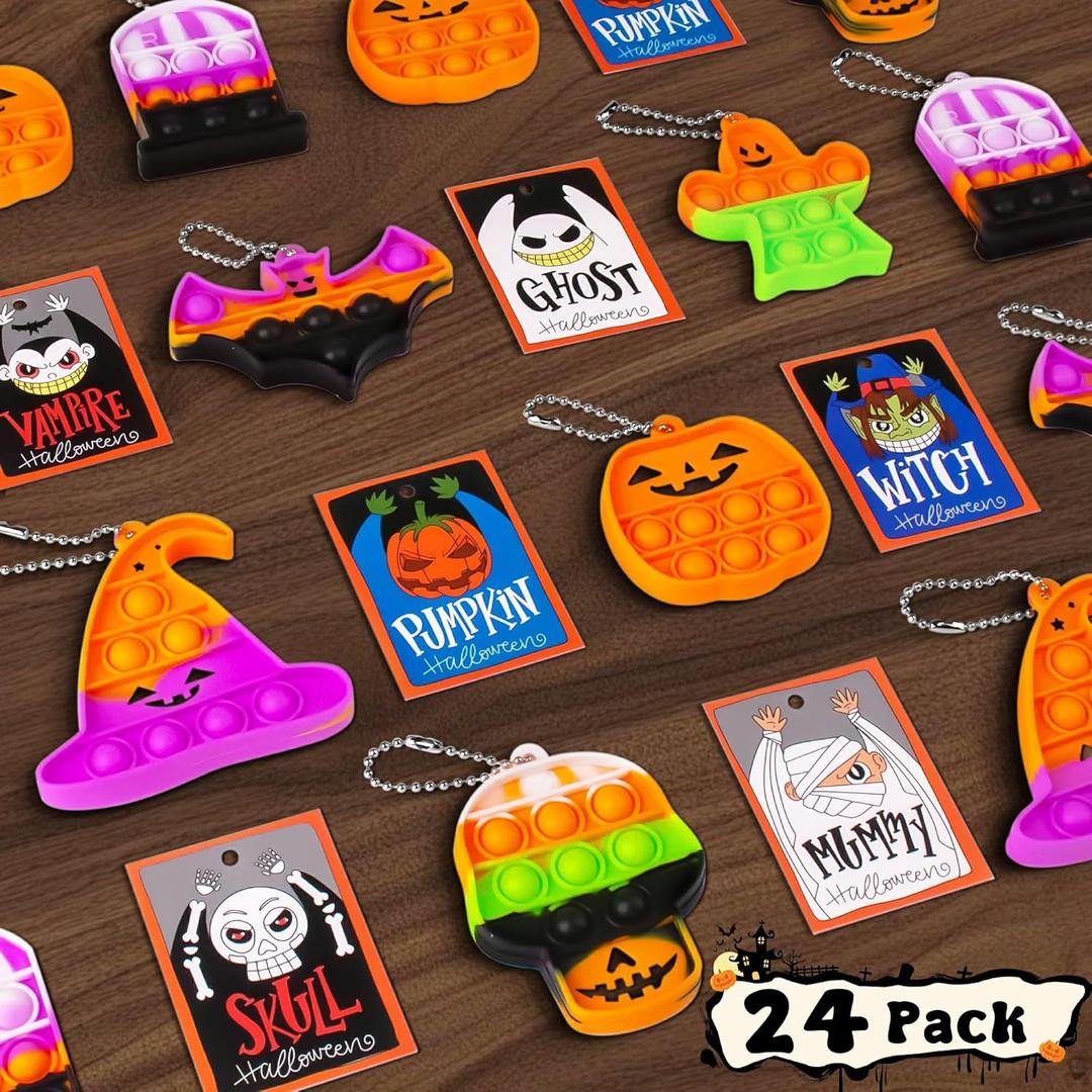 Halloween Party Favors for Kids,24 Packs Mini Pop Fidget Toys with Novelty Cards, Bulk Trick or Treat Keychain for Toddler Teen Age 3-8,8-12,Halloween Goodie Bag Stuffers Classroom Prizes Sensory Toy