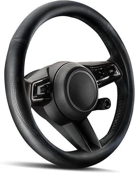 Car Steering Wheel Cover - Universal Car Accessory for Diverse Cars, Leather Cover with Anti-Slip Lining, for Steering Wheel with a Diameter of 14.5"-15",Black
