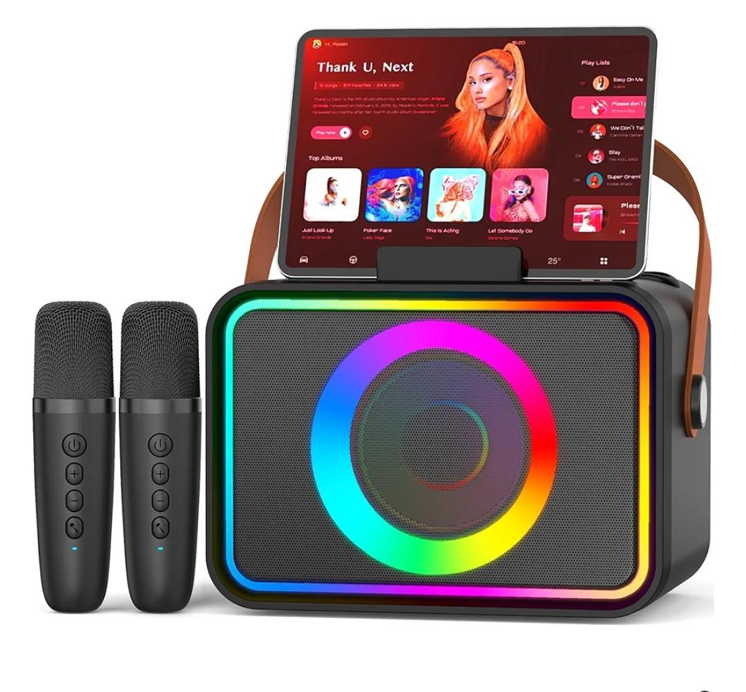 Karaoke Machine,Portable Bluetooth Speaker with 2 Wireless Microphone for Adults & Kids with LED Lights, Karaoke Microphone with PA System Supports USB/TF/AUX,Gift for Party (Black)