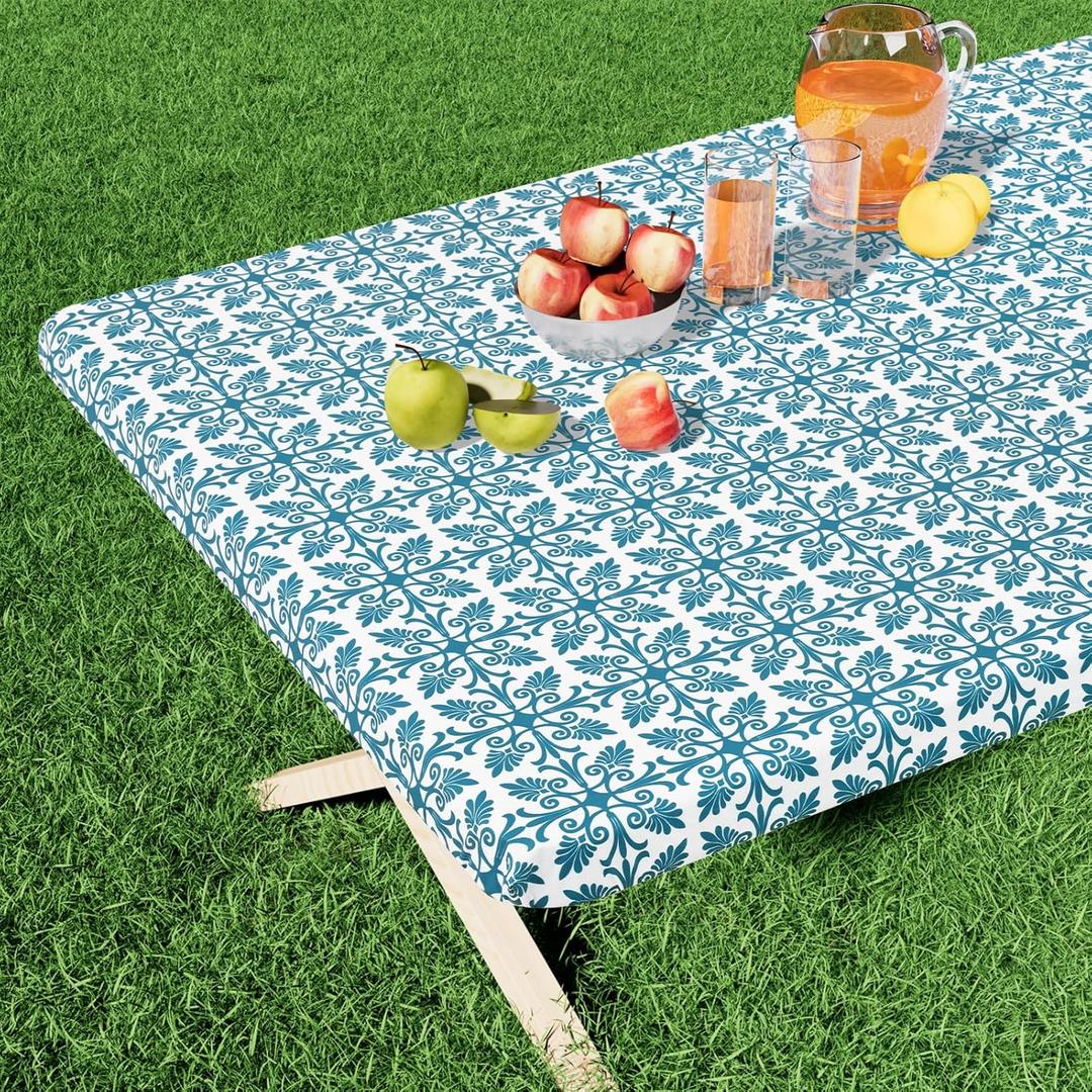 misaya Rectangle Vinyl Table Cloth, Elastic Fitted Flannel Backed Tablecloth, 100% Waterproof Plastic Table Cover Fits 6 Foot Folding Tables for Picnic, Camping, Outdoor (Turquoise, 30" x 72")