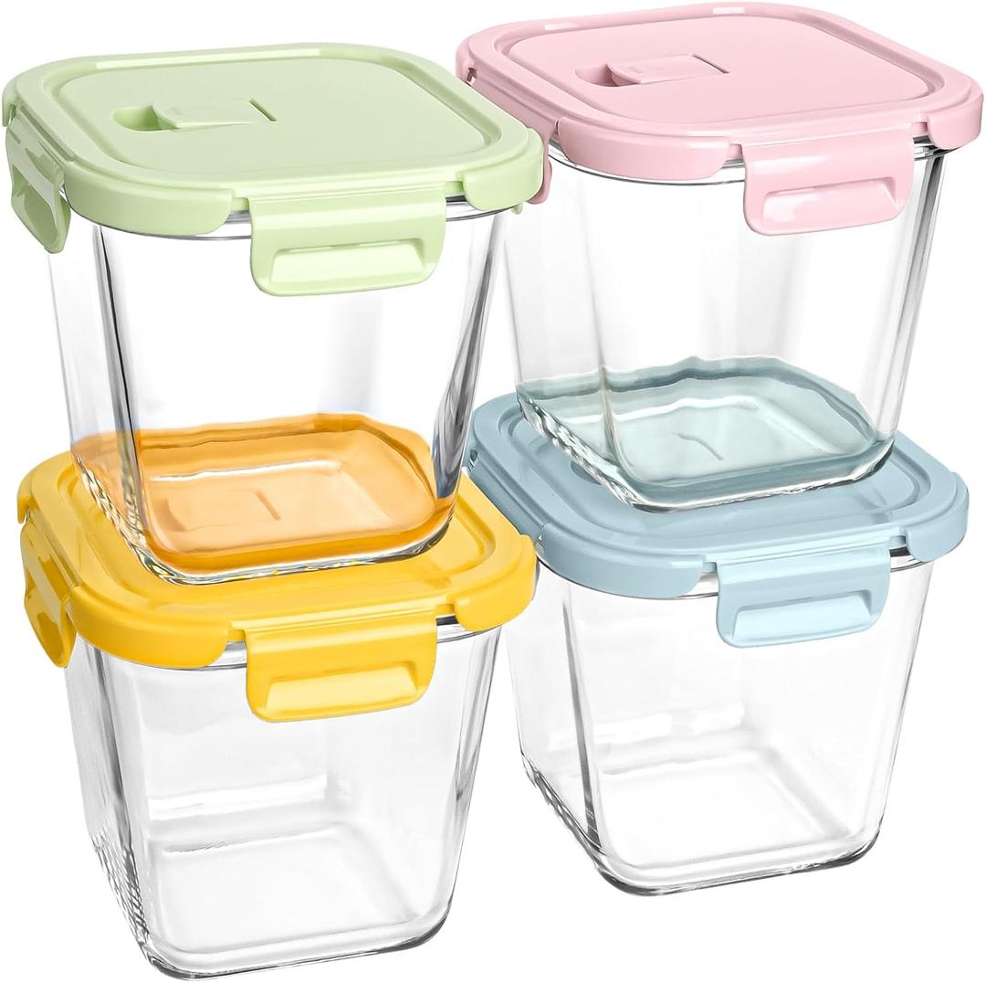 Glass Soup Containers with Lids 32oz - Borosilicate Glass Storage Containers 4 Cup, Freezer to Microwave Safe, Airtight Leak Proof, Square Meal Prep Containers for Lunch Travel- 4 Pack (Multicolor)
