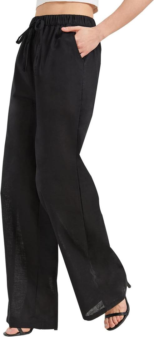 Zylioo Long Linen Pants for Women Tall, Linen Palazzo Pants 32-30 Inseam, Lightweight High Waisted Summer Pants for Ladies (Black)