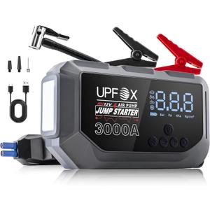 3000A Jump Starter with Air Compressor 12V, 44.4Wh Portable Car Jump Starter for 8.0L Gas & 6.0L Diesel Engines, 150PSI Tire Inflator with LED Display, Emergency Jump Box with Jumper Cables