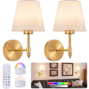 Battery Operated Wall Sconce Set of 2, Rechargeable Wireless Wall Lights with fabric Lampshade, 5200mAh Dimmable Bulbs with Remote,15 Colors Wireless Wall Lamps for Bedroom Living Room Hallway Decor (Gold)