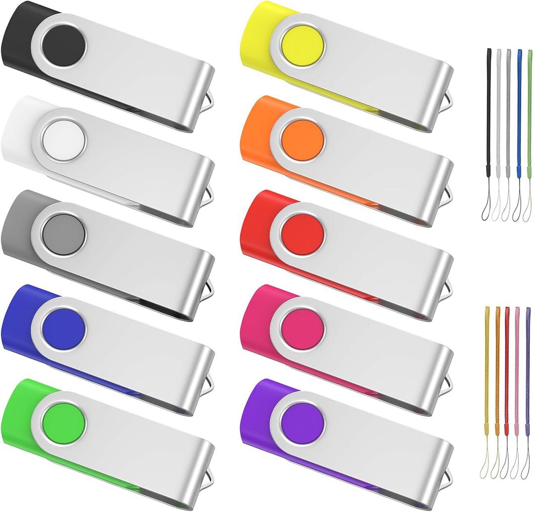 ABLAZE 1GB Flash Drive 10 Pack, USB 2.0 Memory Stick with Lanyards Swivel Thumb Drives Bulk Pendrive U Disk for Data Storage (Mixcolors)